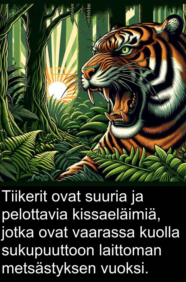 sukupuuttoon: Tiikerit ovat suuria ja pelottavia kissaeläimiä, jotka ovat vaarassa kuolla sukupuuttoon laittoman metsästyksen vuoksi.