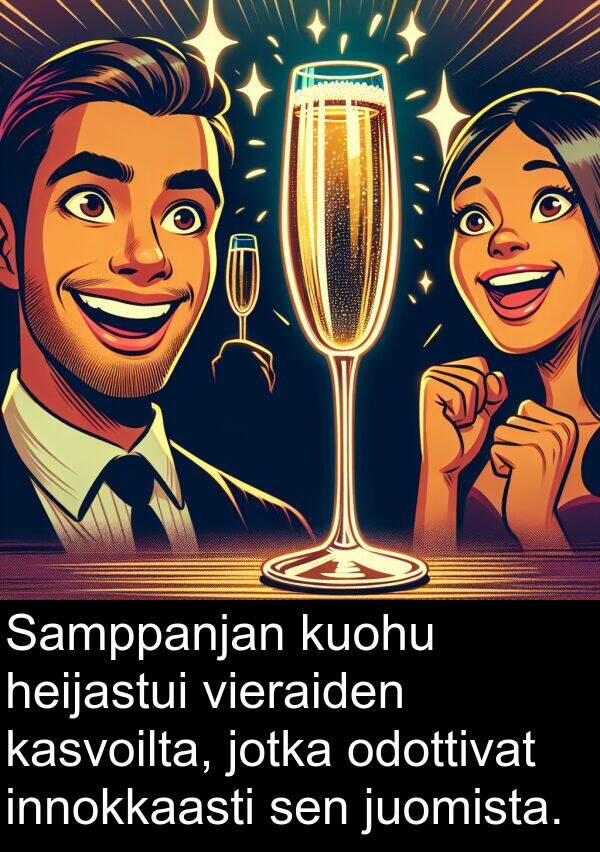 odottivat: Samppanjan kuohu heijastui vieraiden kasvoilta, jotka odottivat innokkaasti sen juomista.