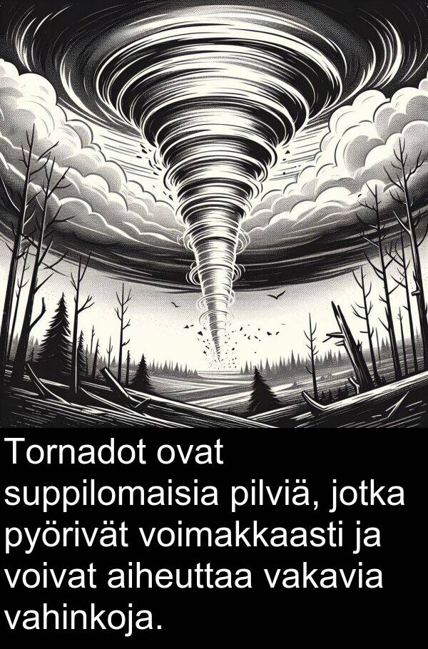 suppilomaisia: Tornadot ovat suppilomaisia pilviä, jotka pyörivät voimakkaasti ja voivat aiheuttaa vakavia vahinkoja.