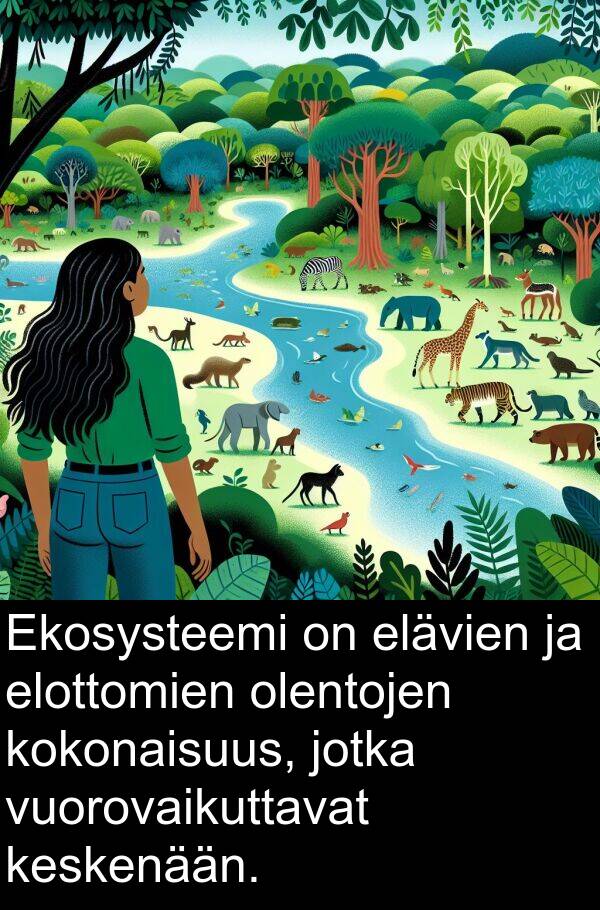 vuorovaikuttavat: Ekosysteemi on elävien ja elottomien olentojen kokonaisuus, jotka vuorovaikuttavat keskenään.