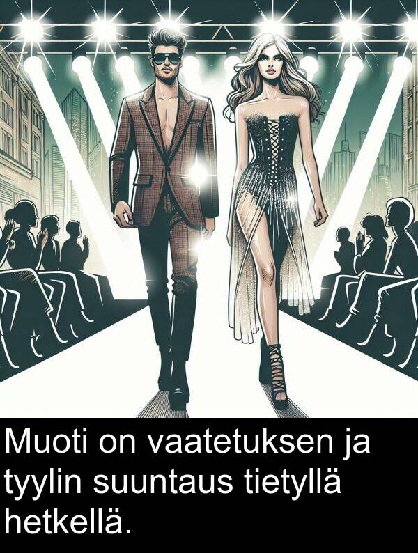 vaatetuksen: Muoti on vaatetuksen ja tyylin suuntaus tietyllä hetkellä.