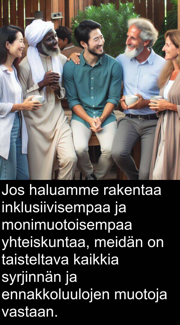 syrjinnän: Jos haluamme rakentaa inklusiivisempaa ja monimuotoisempaa yhteiskuntaa, meidän on taisteltava kaikkia syrjinnän ja ennakkoluulojen muotoja vastaan.