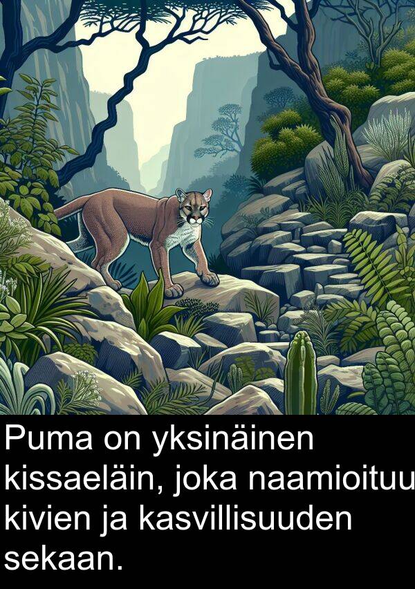 sekaan: Puma on yksinäinen kissaeläin, joka naamioituu kivien ja kasvillisuuden sekaan.