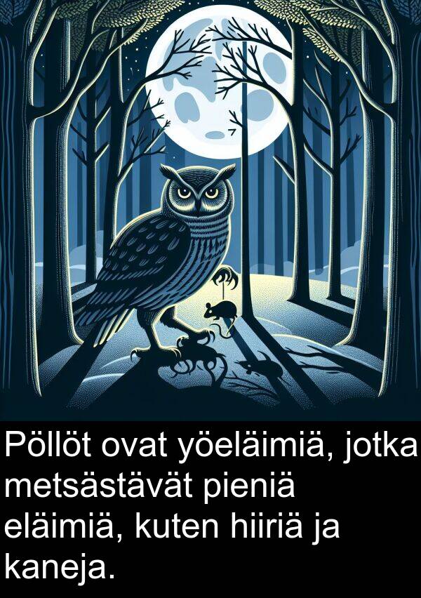 metsästävät: Pöllöt ovat yöeläimiä, jotka metsästävät pieniä eläimiä, kuten hiiriä ja kaneja.