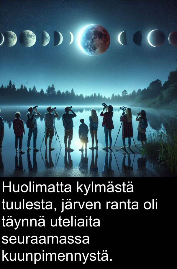 seuraamassa: Huolimatta kylmästä tuulesta, järven ranta oli täynnä uteliaita seuraamassa kuunpimennystä.