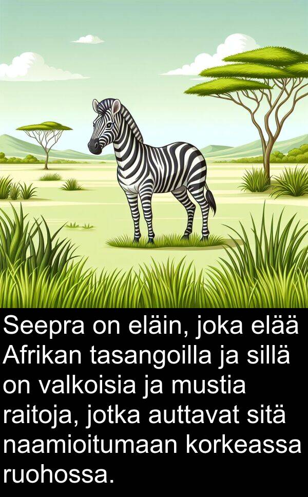 sillä: Seepra on eläin, joka elää Afrikan tasangoilla ja sillä on valkoisia ja mustia raitoja, jotka auttavat sitä naamioitumaan korkeassa ruohossa.