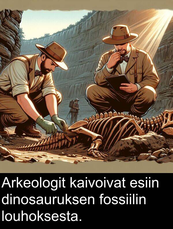 kaivoivat: Arkeologit kaivoivat esiin dinosauruksen fossiilin louhoksesta.