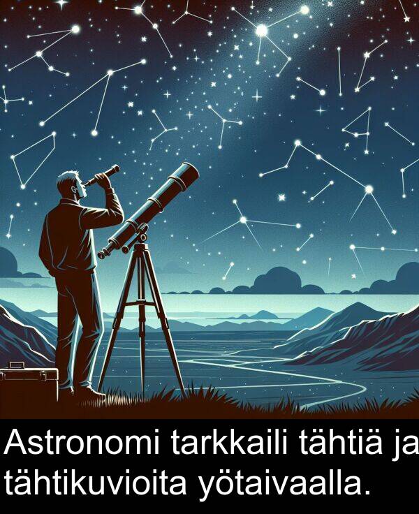 tähtikuvioita: Astronomi tarkkaili tähtiä ja tähtikuvioita yötaivaalla.