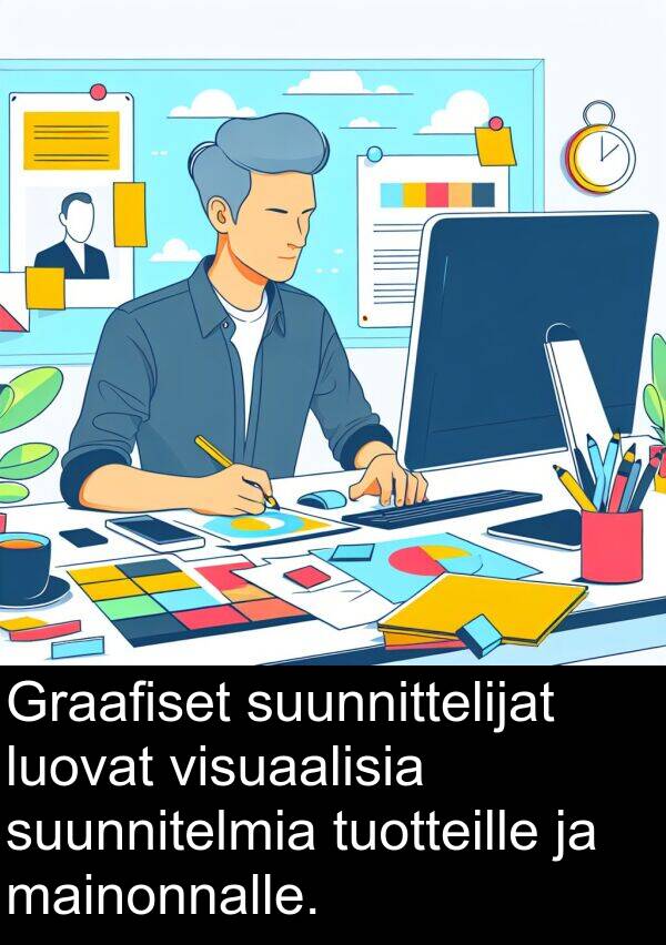 suunnittelijat: Graafiset suunnittelijat luovat visuaalisia suunnitelmia tuotteille ja mainonnalle.