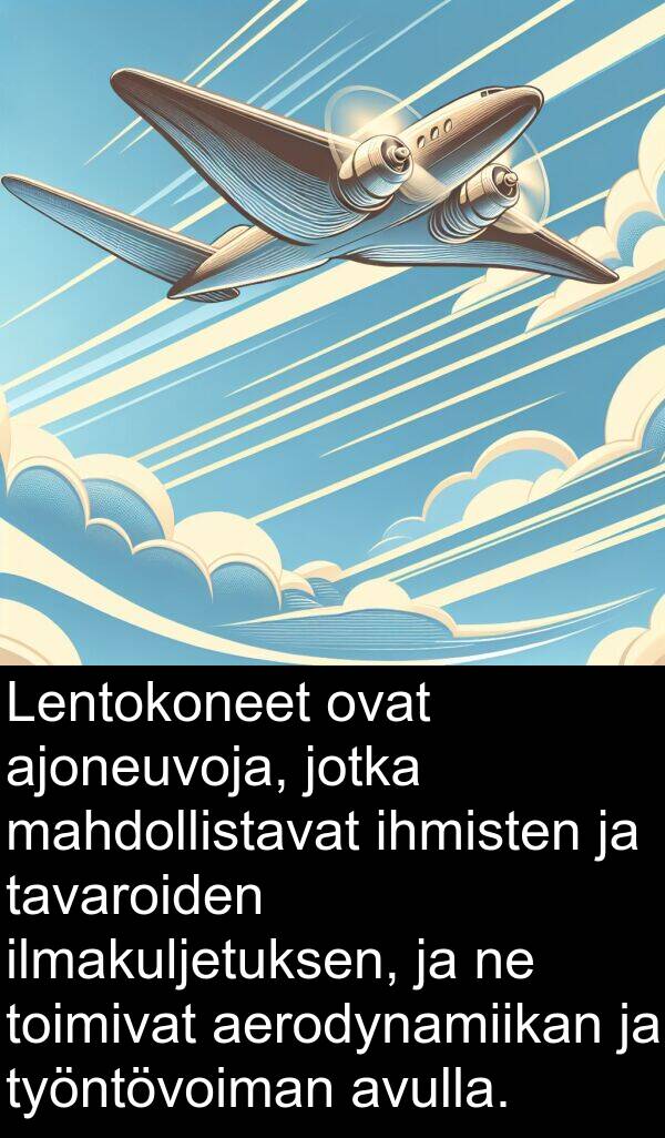 ihmisten: Lentokoneet ovat ajoneuvoja, jotka mahdollistavat ihmisten ja tavaroiden ilmakuljetuksen, ja ne toimivat aerodynamiikan ja työntövoiman avulla.