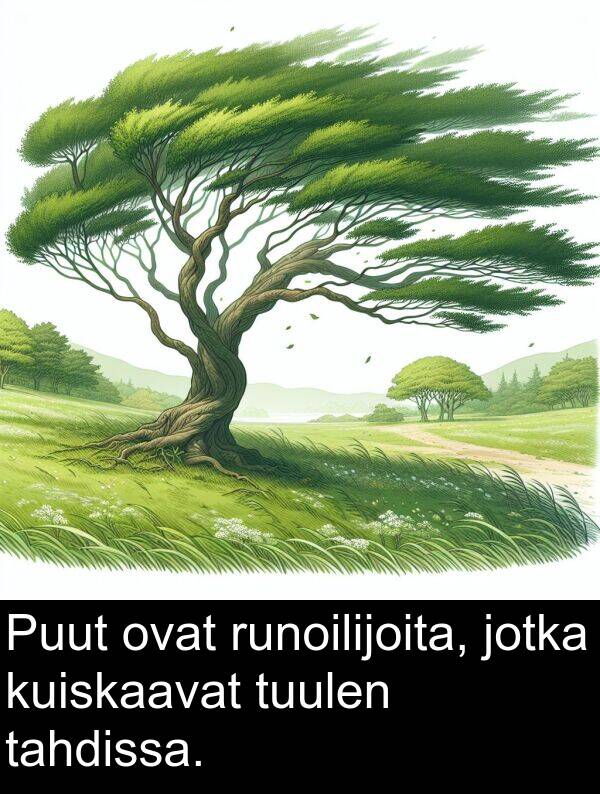kuiskaavat: Puut ovat runoilijoita, jotka kuiskaavat tuulen tahdissa.