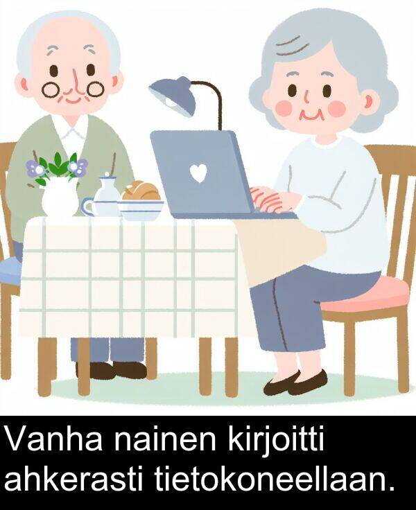 nainen: Vanha nainen kirjoitti ahkerasti tietokoneellaan.