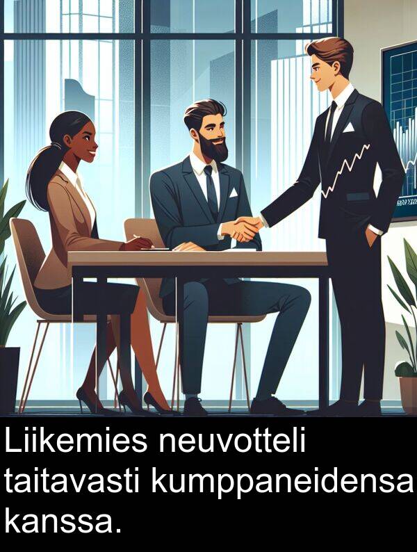 kumppaneidensa: Liikemies neuvotteli taitavasti kumppaneidensa kanssa.