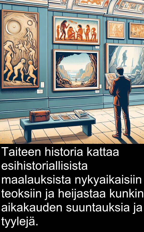 suuntauksia: Taiteen historia kattaa esihistoriallisista maalauksista nykyaikaisiin teoksiin ja heijastaa kunkin aikakauden suuntauksia ja tyylejä.