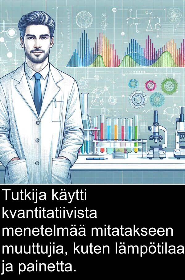 menetelmää: Tutkija käytti kvantitatiivista menetelmää mitatakseen muuttujia, kuten lämpötilaa ja painetta.