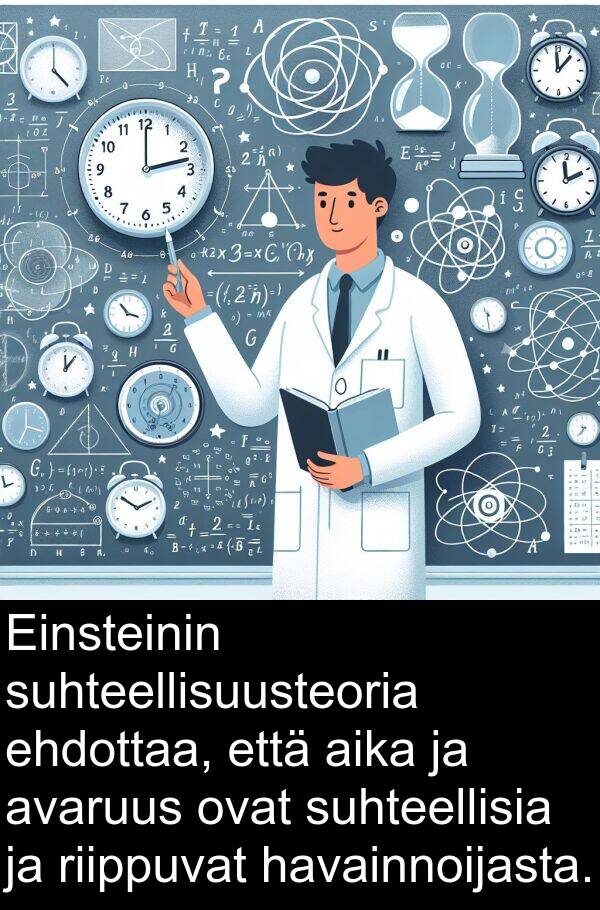 suhteellisia: Einsteinin suhteellisuusteoria ehdottaa, että aika ja avaruus ovat suhteellisia ja riippuvat havainnoijasta.