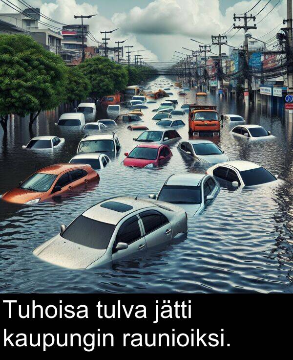 kaupungin: Tuhoisa tulva jätti kaupungin raunioiksi.