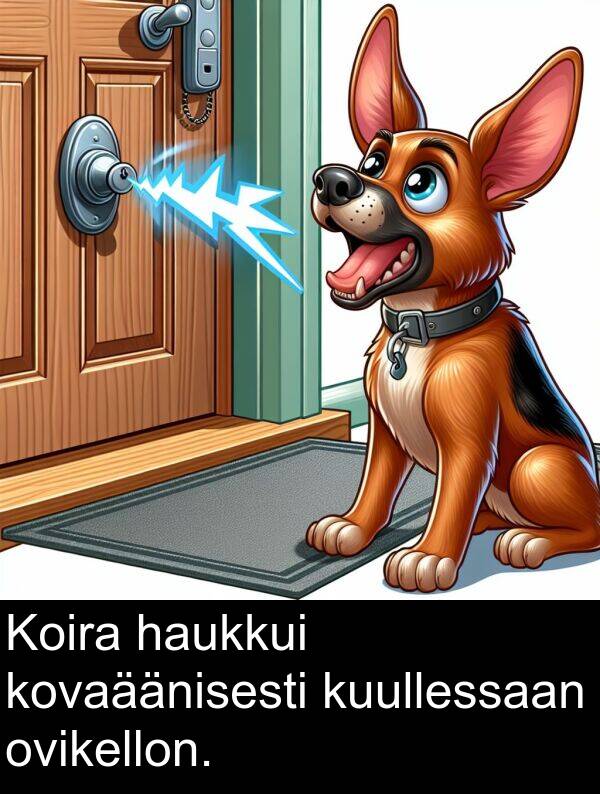 ovikellon: Koira haukkui kovaäänisesti kuullessaan ovikellon.