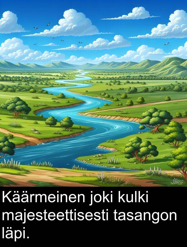 majesteettisesti: Käärmeinen joki kulki majesteettisesti tasangon läpi.