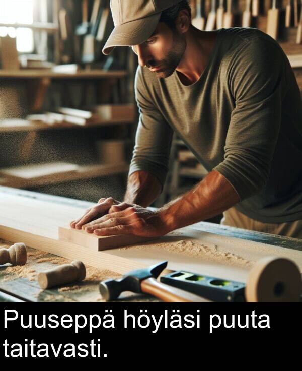 puuta: Puuseppä höyläsi puuta taitavasti.