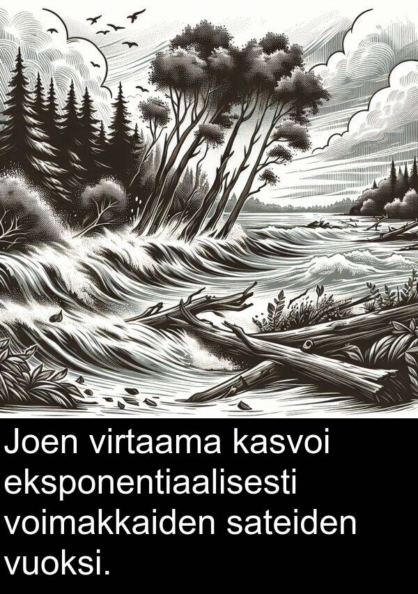 sateiden: Joen virtaama kasvoi eksponentiaalisesti voimakkaiden sateiden vuoksi.