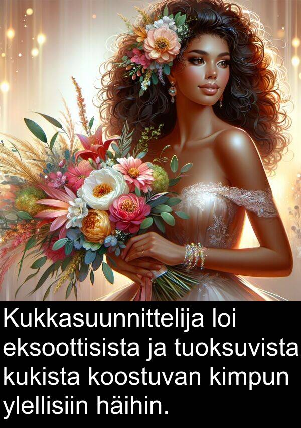 loi: Kukkasuunnittelija loi eksoottisista ja tuoksuvista kukista koostuvan kimpun ylellisiin häihin.