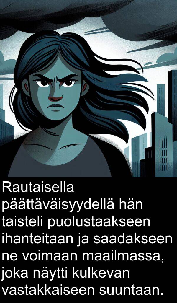 suuntaan: Rautaisella päättäväisyydellä hän taisteli puolustaakseen ihanteitaan ja saadakseen ne voimaan maailmassa, joka näytti kulkevan vastakkaiseen suuntaan.