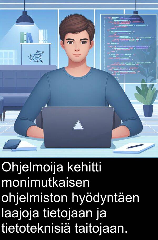 ohjelmiston: Ohjelmoija kehitti monimutkaisen ohjelmiston hyödyntäen laajoja tietojaan ja tietoteknisiä taitojaan.