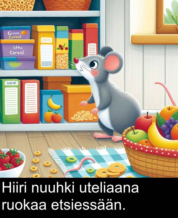 uteliaana: Hiiri nuuhki uteliaana ruokaa etsiessään.