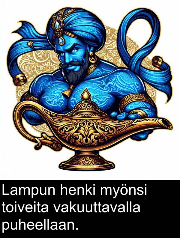 vakuuttavalla: Lampun henki myönsi toiveita vakuuttavalla puheellaan.