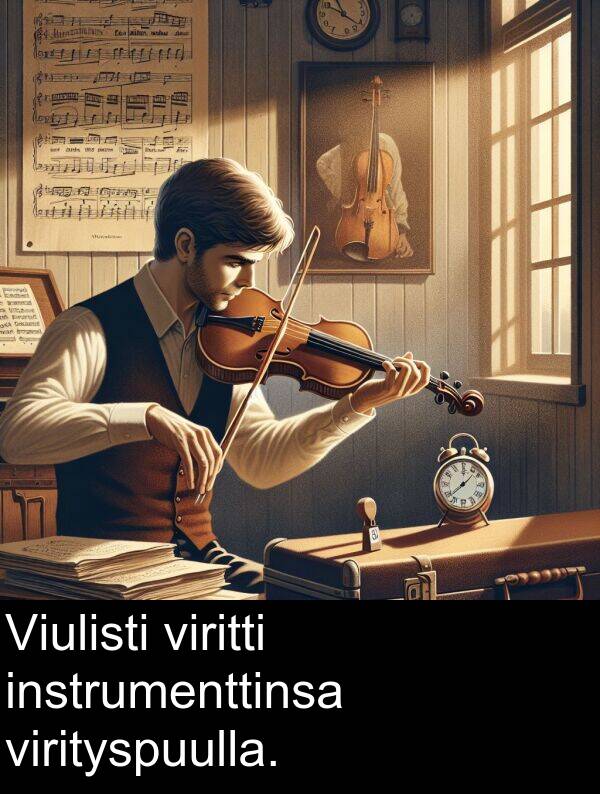 virityspuulla: Viulisti viritti instrumenttinsa virityspuulla.