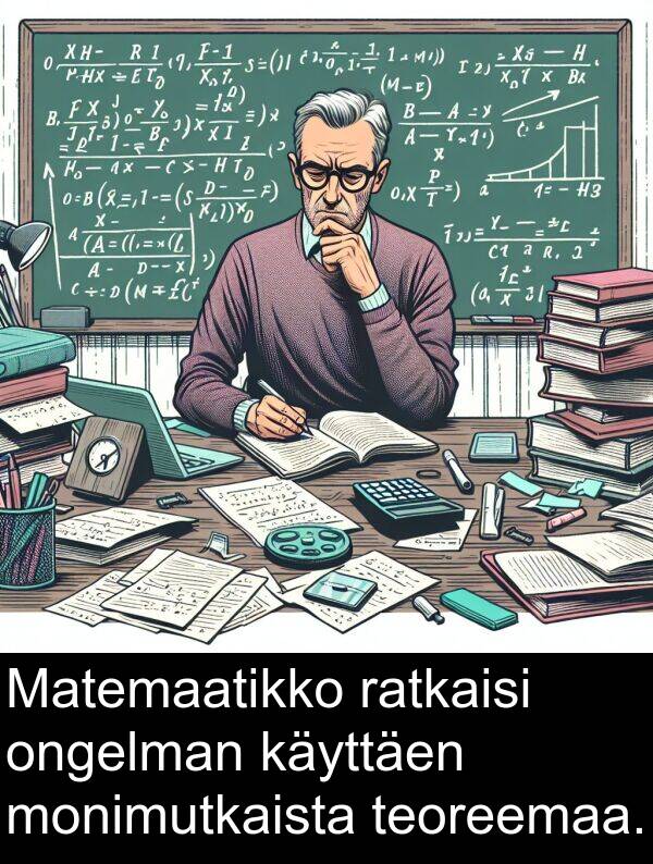käyttäen: Matemaatikko ratkaisi ongelman käyttäen monimutkaista teoreemaa.
