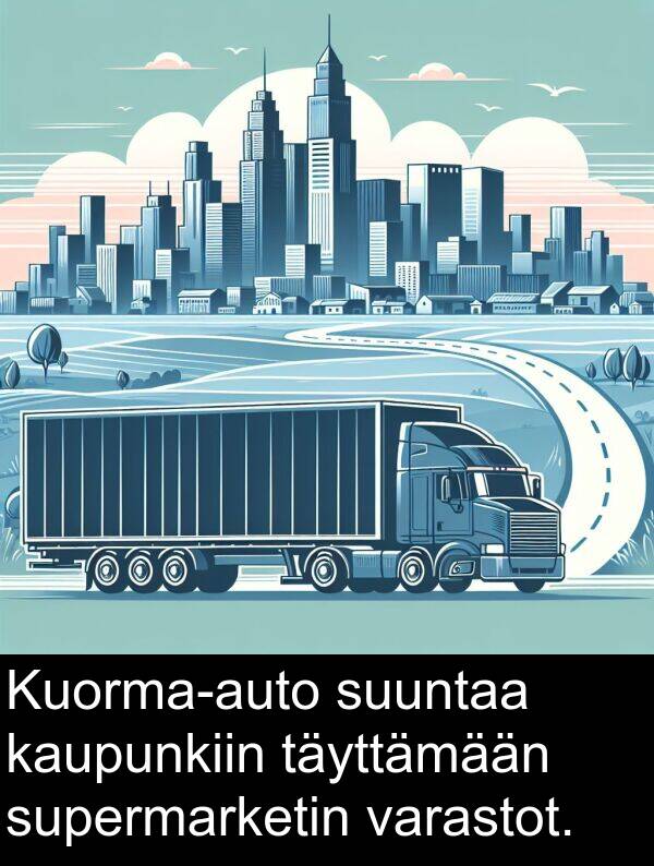 supermarketin: Kuorma-auto suuntaa kaupunkiin täyttämään supermarketin varastot.