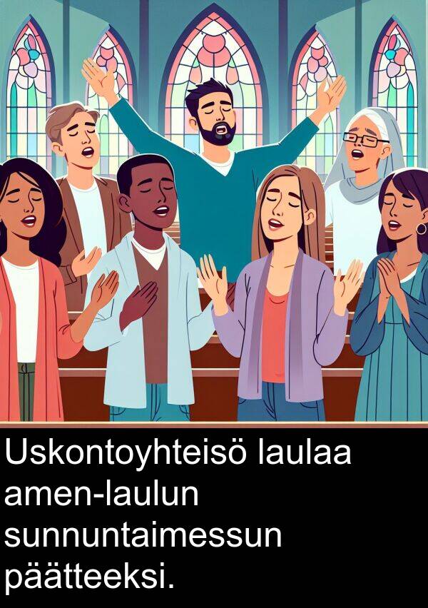 sunnuntaimessun: Uskontoyhteisö laulaa amen-laulun sunnuntaimessun päätteeksi.