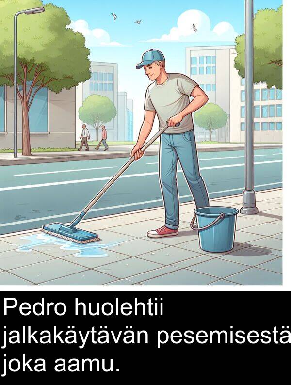 joka: Pedro huolehtii jalkakäytävän pesemisestä joka aamu.