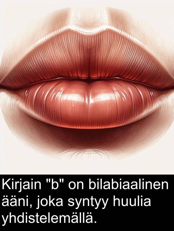 syntyy: Kirjain "b" on bilabiaalinen ääni, joka syntyy huulia yhdistelemällä.