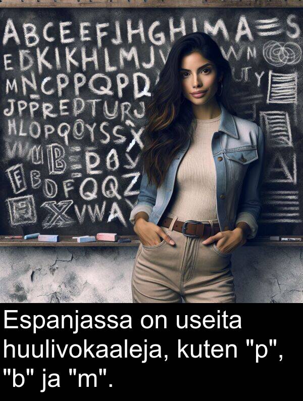 useita: Espanjassa on useita huulivokaaleja, kuten "p", "b" ja "m".