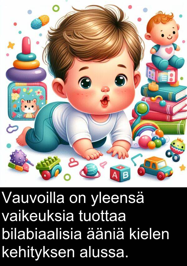 ääniä: Vauvoilla on yleensä vaikeuksia tuottaa bilabiaalisia ääniä kielen kehityksen alussa.