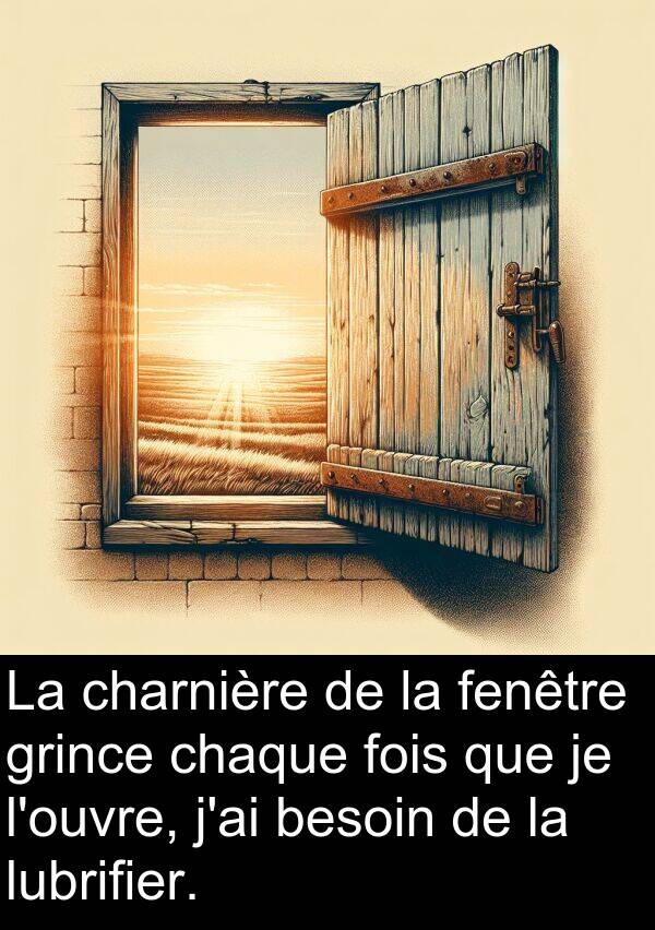 grince: La charnière de la fenêtre grince chaque fois que je l'ouvre, j'ai besoin de la lubrifier.