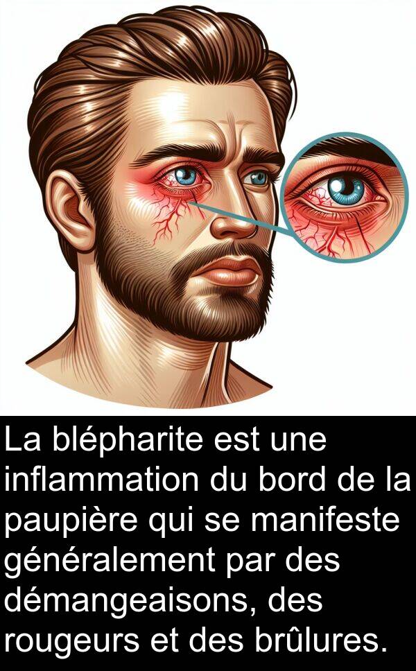 manifeste: La blépharite est une inflammation du bord de la paupière qui se manifeste généralement par des démangeaisons, des rougeurs et des brûlures.