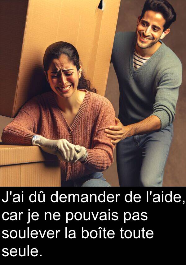 boîte: J'ai dû demander de l'aide, car je ne pouvais pas soulever la boîte toute seule.