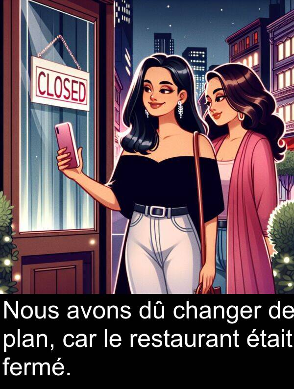 fermé: Nous avons dû changer de plan, car le restaurant était fermé.