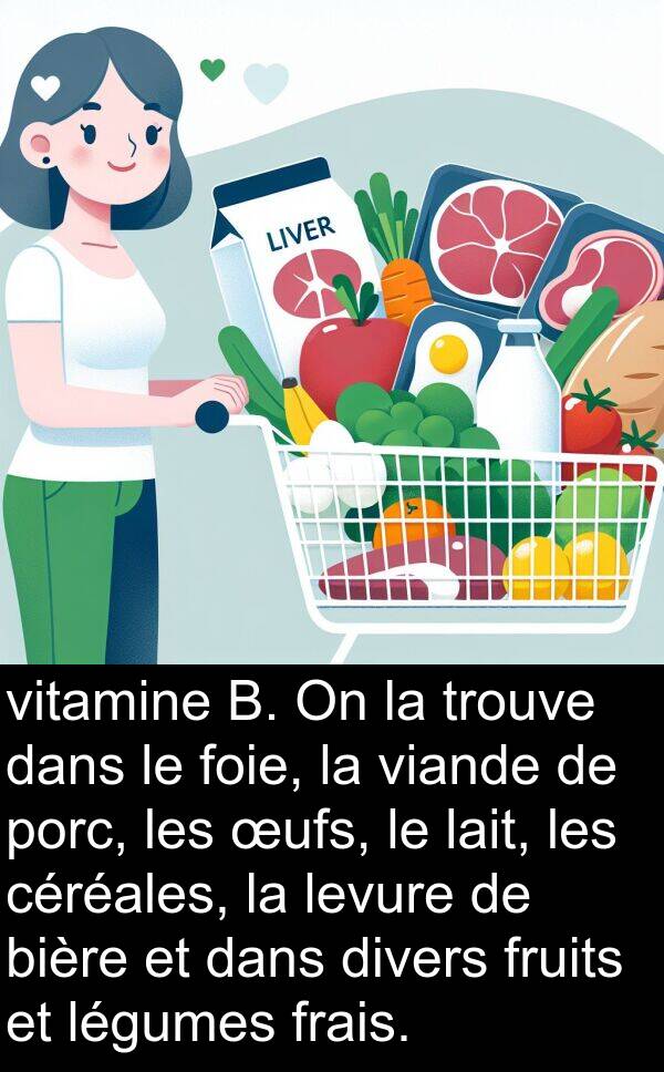 lait: vitamine B. On la trouve dans le foie, la viande de porc, les œufs, le lait, les céréales, la levure de bière et dans divers fruits et légumes frais.