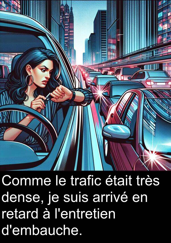 retard: Comme le trafic était très dense, je suis arrivé en retard à l'entretien d'embauche.
