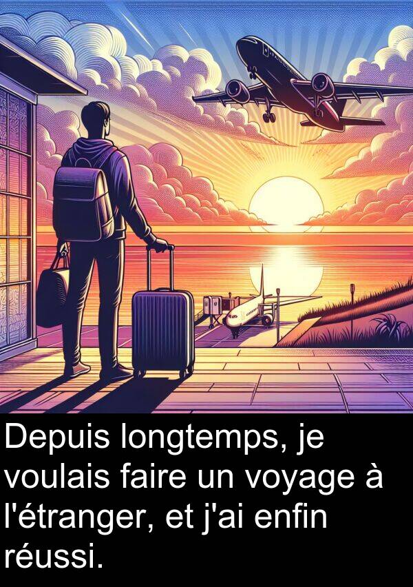 faire: Depuis longtemps, je voulais faire un voyage à l'étranger, et j'ai enfin réussi.