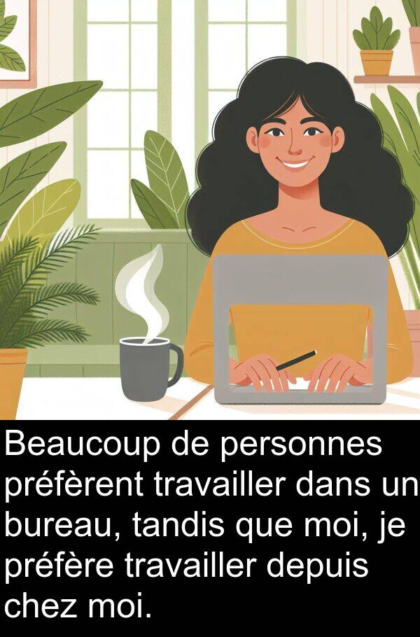 tandis: Beaucoup de personnes préfèrent travailler dans un bureau, tandis que moi, je préfère travailler depuis chez moi.