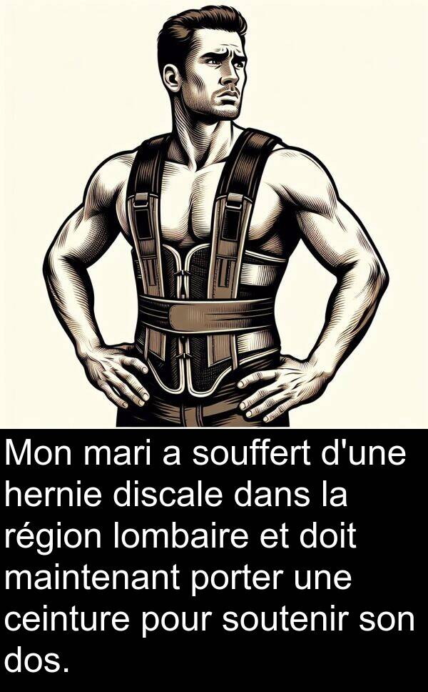 soutenir: Mon mari a souffert d'une hernie discale dans la région lombaire et doit maintenant porter une ceinture pour soutenir son dos.