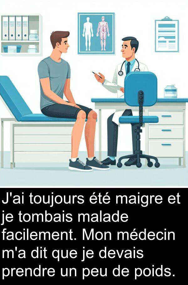 malade: J'ai toujours été maigre et je tombais malade facilement. Mon médecin m'a dit que je devais prendre un peu de poids.
