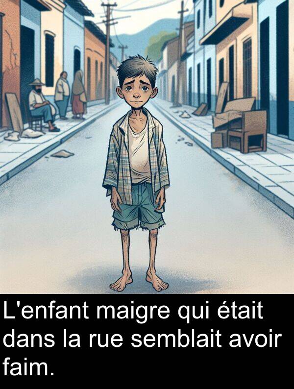 faim: L'enfant maigre qui était dans la rue semblait avoir faim.