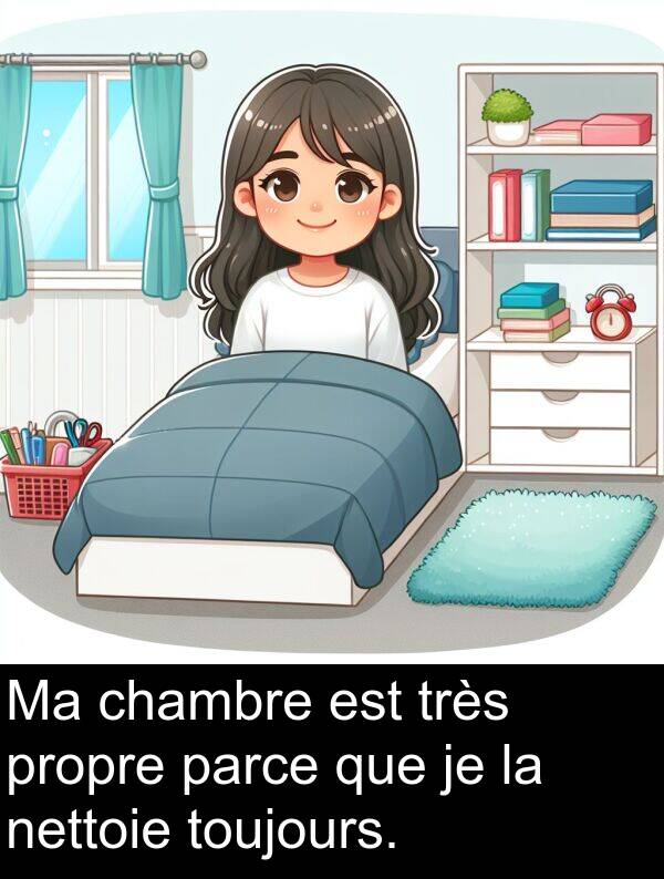 nettoie: Ma chambre est très propre parce que je la nettoie toujours.